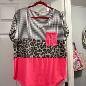 7th Ray Striped and Leopard Print Blouse with Pink Accents